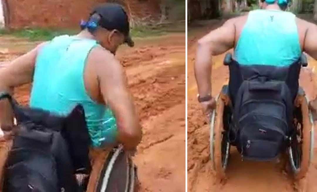 Cadeirante sofre com atoleiro em ramal no Vila Acre em Rio Branco; veja o vídeo