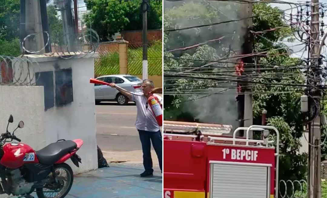 Fiação de poste na frente do prédio da Secretaria de Produção pega fogo e assusta