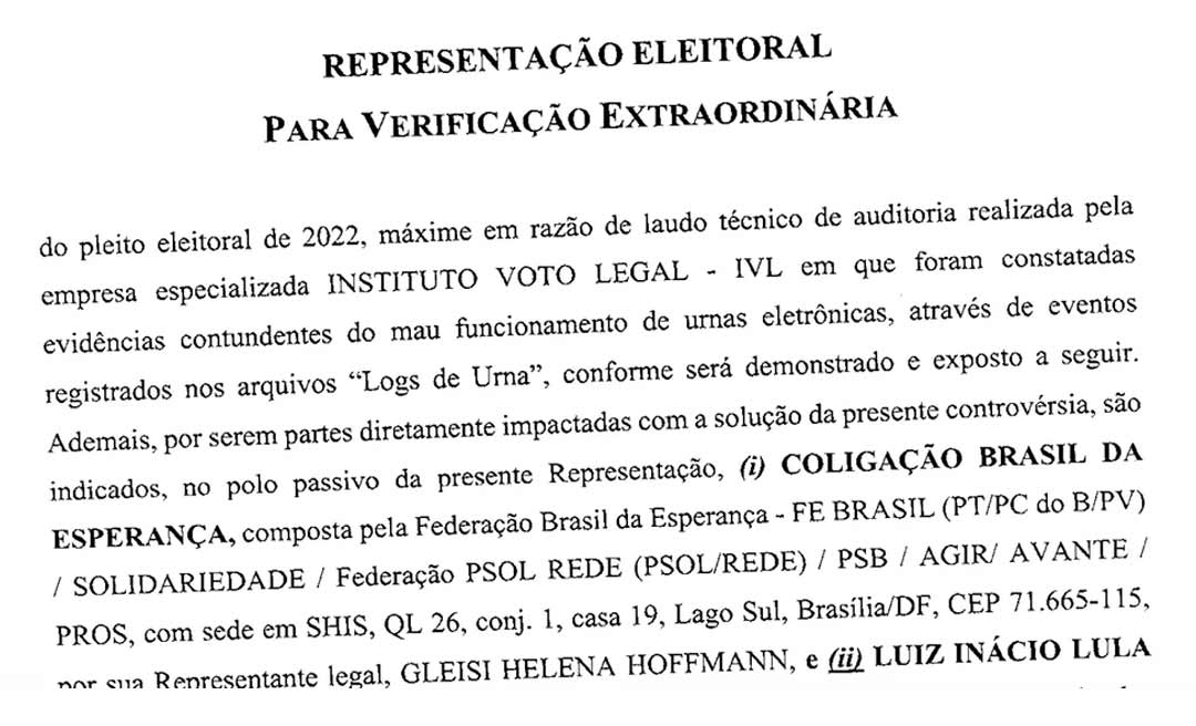 Em representação ao TSE, PL diz que Bolsonaro teve 51% dos votos no 2º turno