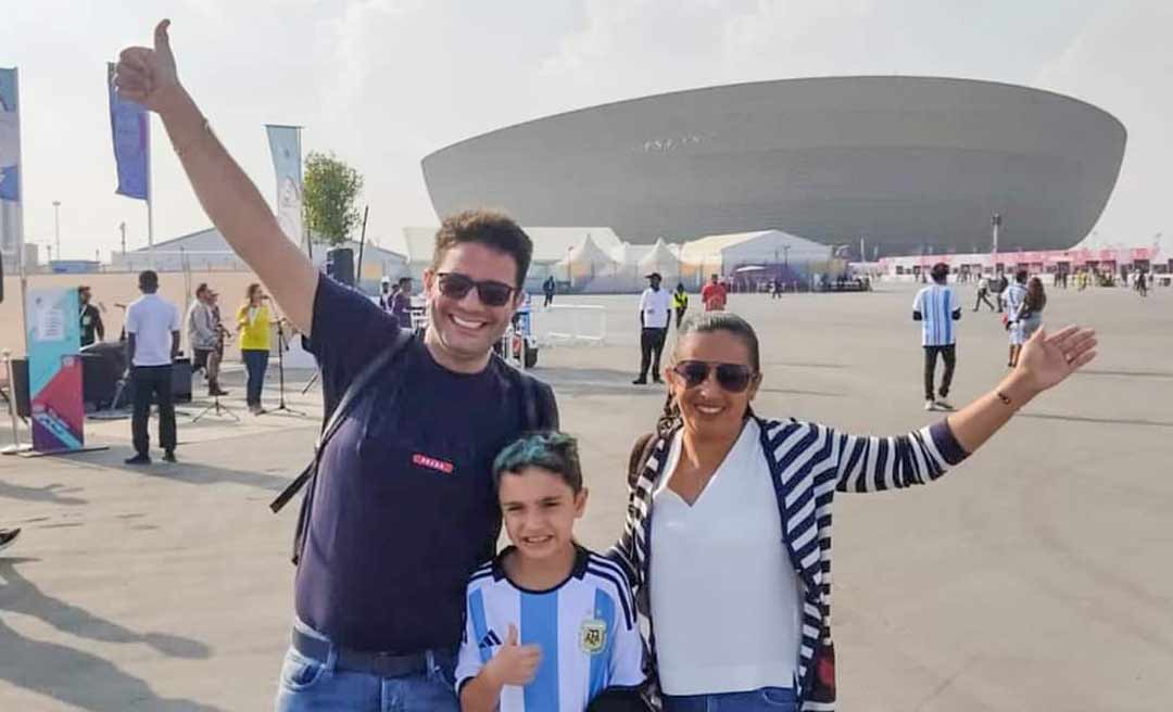 Com o filho Guilherme, Gladson assiste a final da Copa em estádio no Catar e diz: “Fomos pé quente hoje pra Argentina”