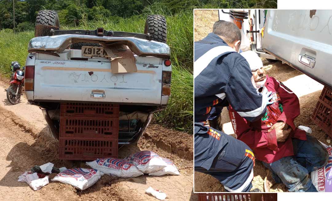 Motociclista fica gravemente ferido e caminhonete capota em colisão na Transacreana