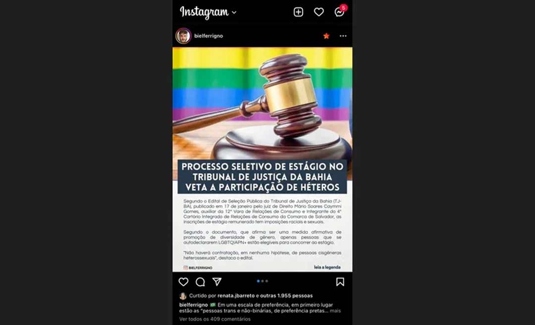 Real: seleção de estágio no Tribunal de Justiça do Estado da Bahia veta heterossexuais