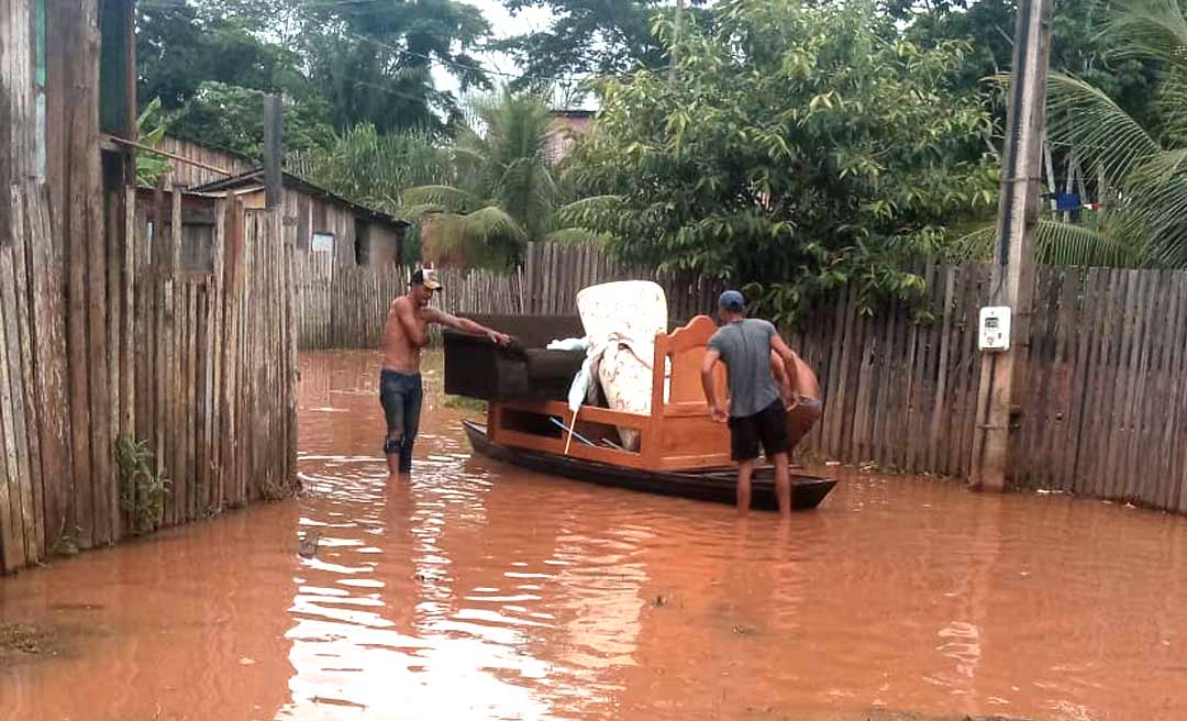 Igarapé transborda e alaga quintais e ruas na Sapolândia, em Rio Branco