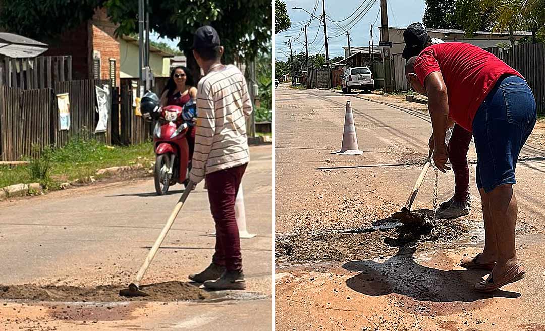 Outra vez, moradores do bairro Canaã em Rio Branco tapam buracos de avenida com cimento