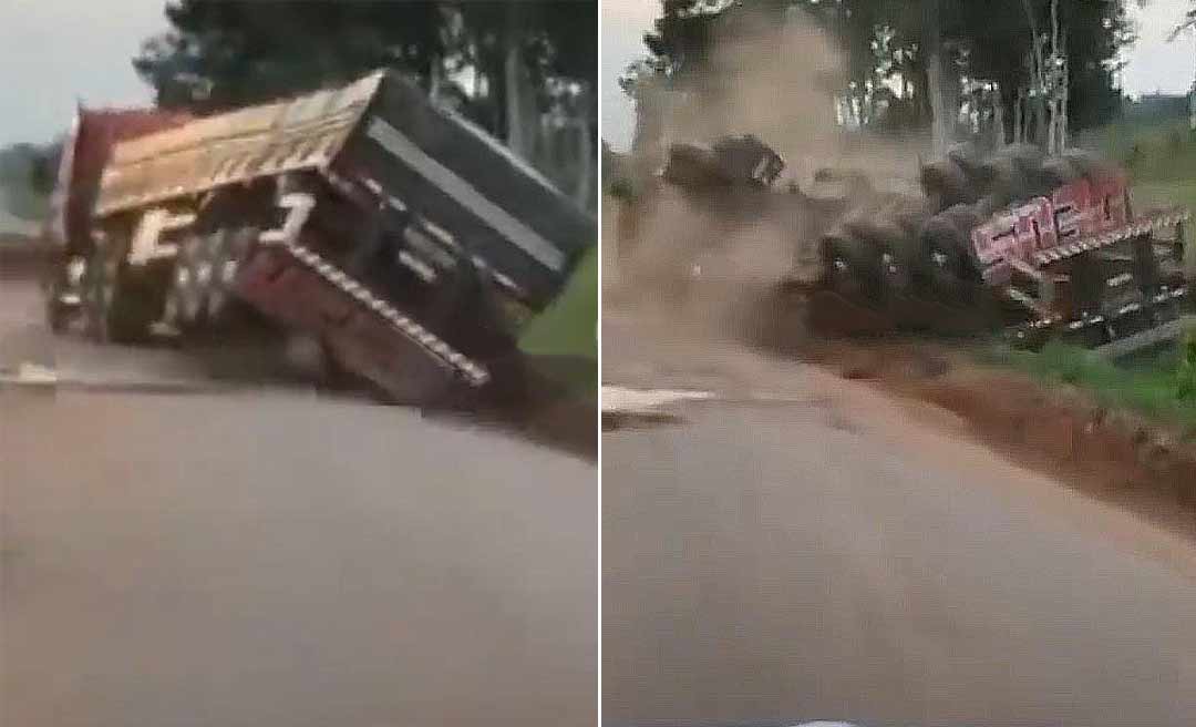 Caminhão tomba na BR-364 após motorista tentar desviar de buraco; veja o vídeo