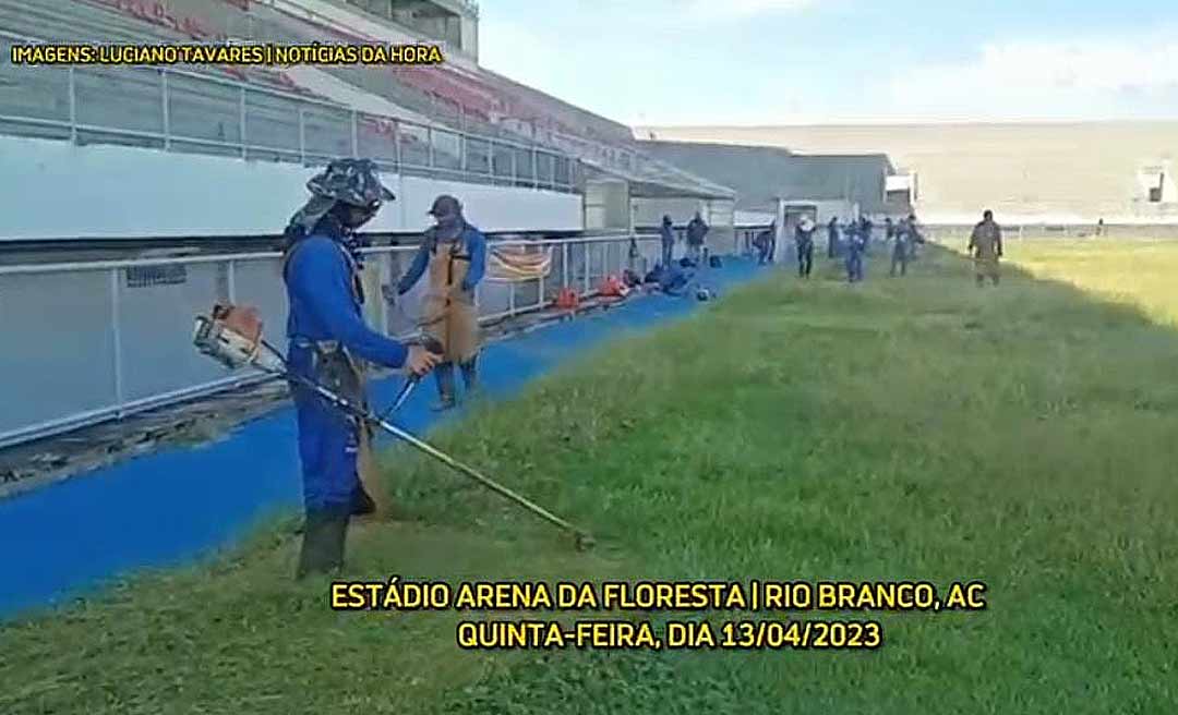 Após má repercussão para o governo, trabalhadores realizam roçagem em matagal no gramado do Arena da Floresta