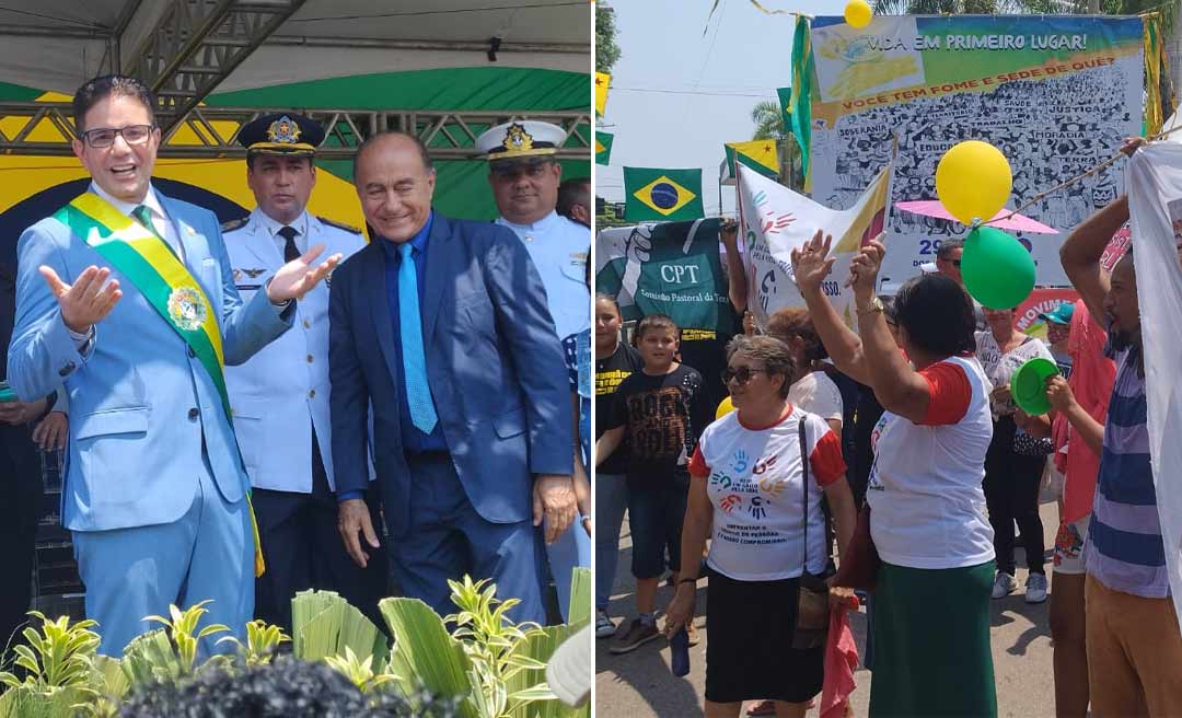 Apoiados por militantes de esquerda, moradores da Terra Prometida protestam enquanto Gladson observa e reage