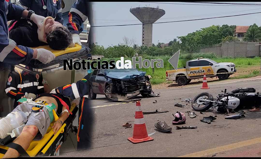 Carro invade a preferencial, derruba motociclista que fica em estado grave e pode ter perna amputada