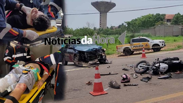 Carro invade a preferencial, derruba motociclista que fica em estado grave e pode ter perna amputada