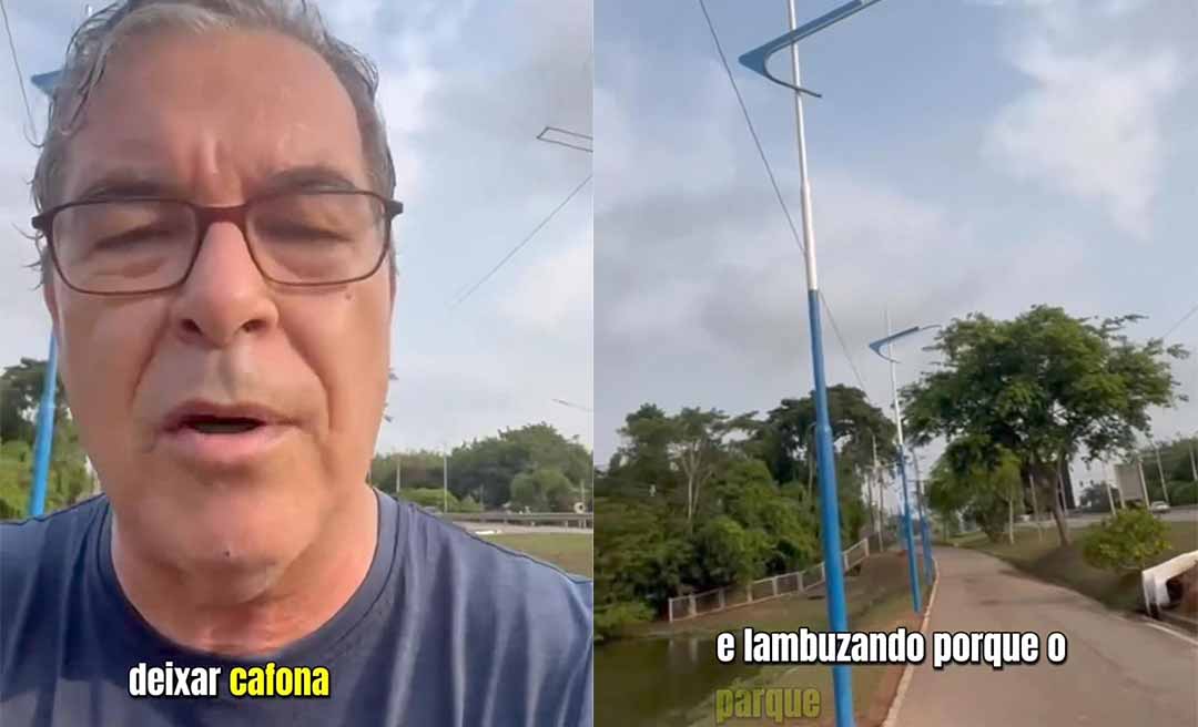 Caminhando no Parque Tucumã, Jorge Viana reclama que instalação de postes da prefeitura “lambuza” e deixa o local “cafona”