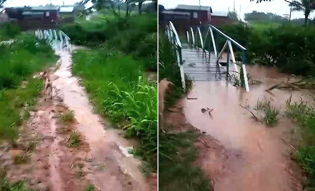 Moradora de loteamento em Rio Branco mostra dificuldade de atravessar ponte e ramal intrafegável durante a chuva