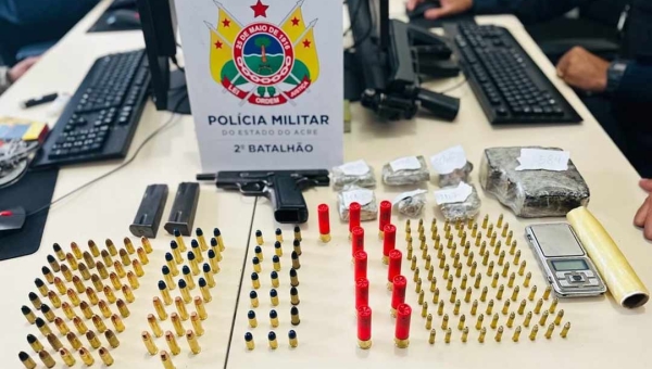 PM prende homem com arma de fogo, drogas e mais de 200 munições de calibres variados