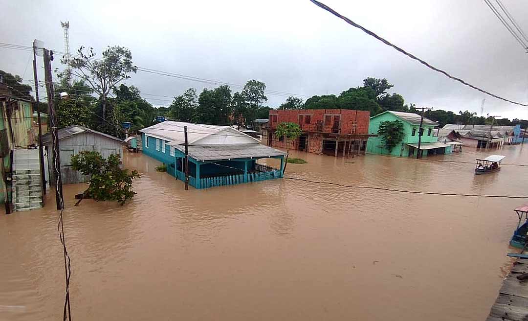 Principal avenida comercial de Jordão amanhece encoberta pelas águas do Tarauacá e Jordão