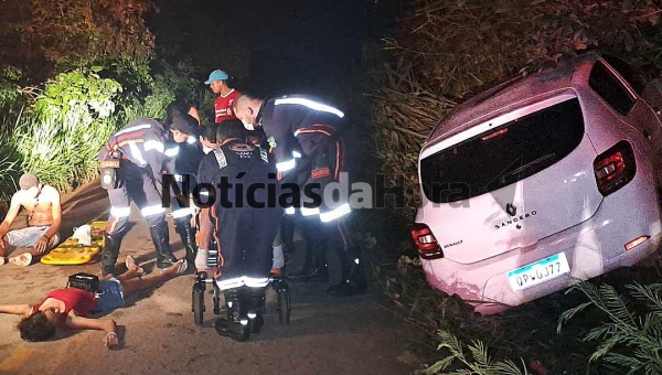 Duas pessoas ficam feridas após motorista perder o controle e carro sair da pista na estrada do Mutum