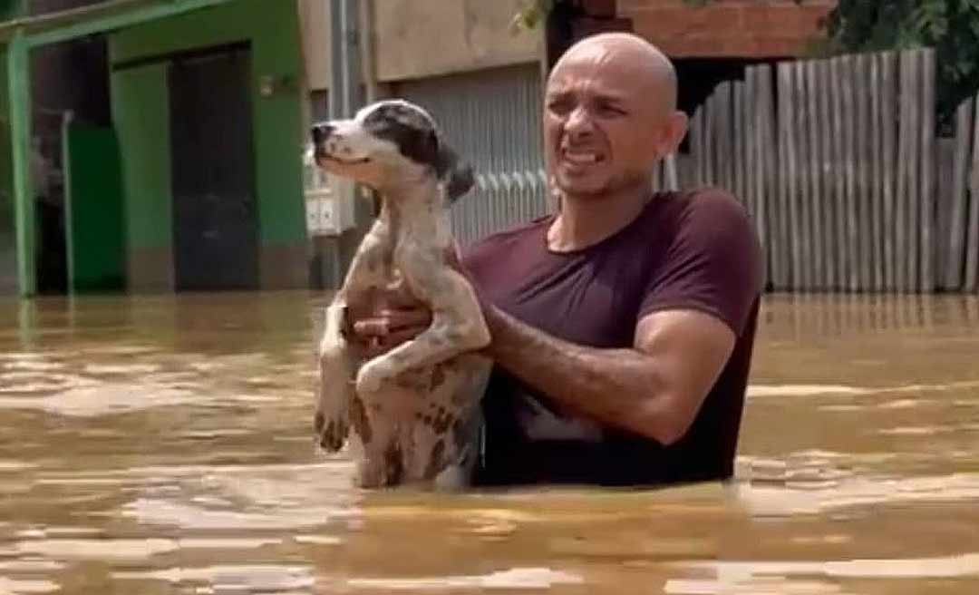 Ativista resgata cachorro abandonado em rua alagada de Rio Branco