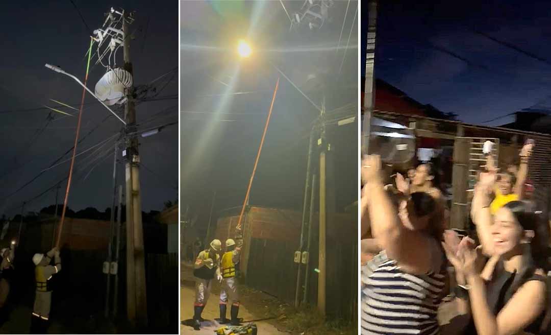 Moradores da Travessa Praxedes, no Seis de Agosto, pulam de alegria após religação da energia