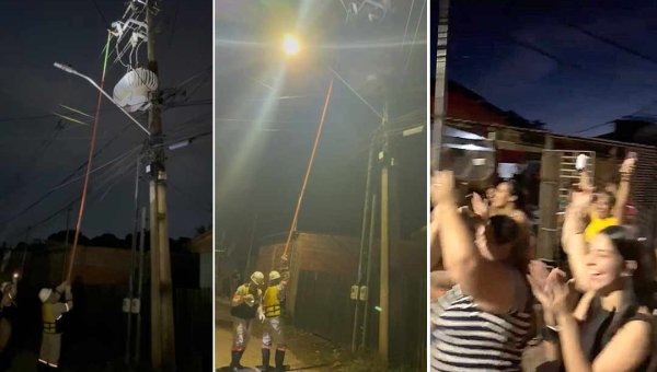 Moradores da Travessa Praxedes, no Seis de Agosto, pulam de alegria após religação da energia