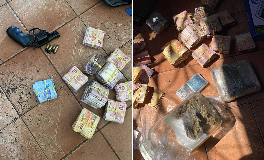 Polícia estoura ‘boca de fumo’ e apreende arma, drogas e dinheiro no bairro Baixada da Colina