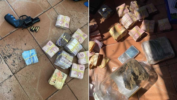 Polícia estoura ‘boca de fumo’ e apreende arma, drogas e dinheiro no bairro Baixada da Colina