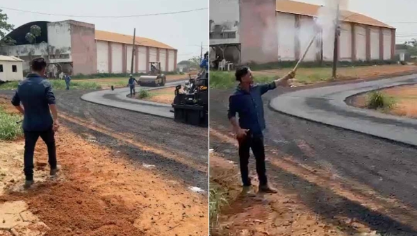 Morador do Rui Lino II comemora com fogos chegada de asfalto após 20 anos