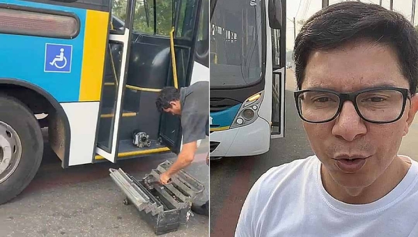 Jenilson mostra ônibus da Ricco quebrado em via pública em Rio Branco