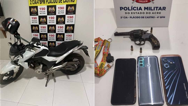 Em Plácido de Castro, Polícia Militar apreende arma de fogo, captura foragido e recupera veículo roubado