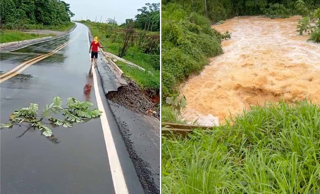 Após acostamento ceder na BR-317, próximo a Epitaciolândia, carretas são impedidas de passar no local, informa PRF