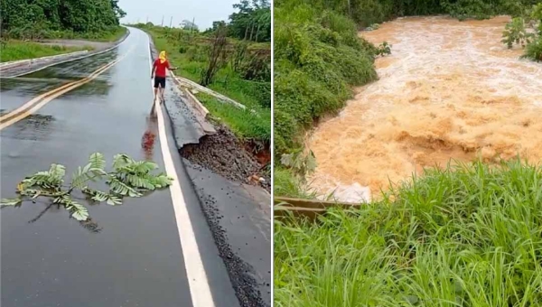 Após acostamento ceder na BR-317, próximo a Epitaciolândia, carretas são impedidas de passar no local, informa PRF