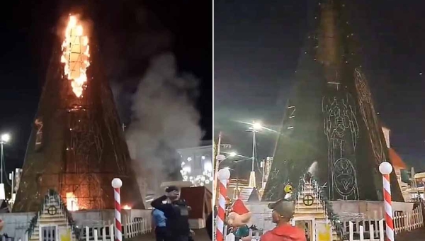 Árvore de Natal instalada em frente ao Palácio Rio Branco pega fogo